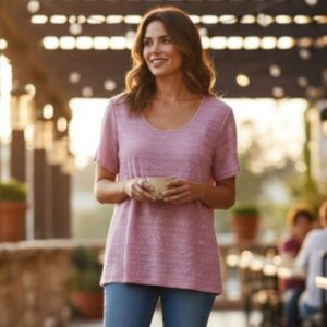 Covington Allover Lace Fully Lined Short Sleeve Pink Top